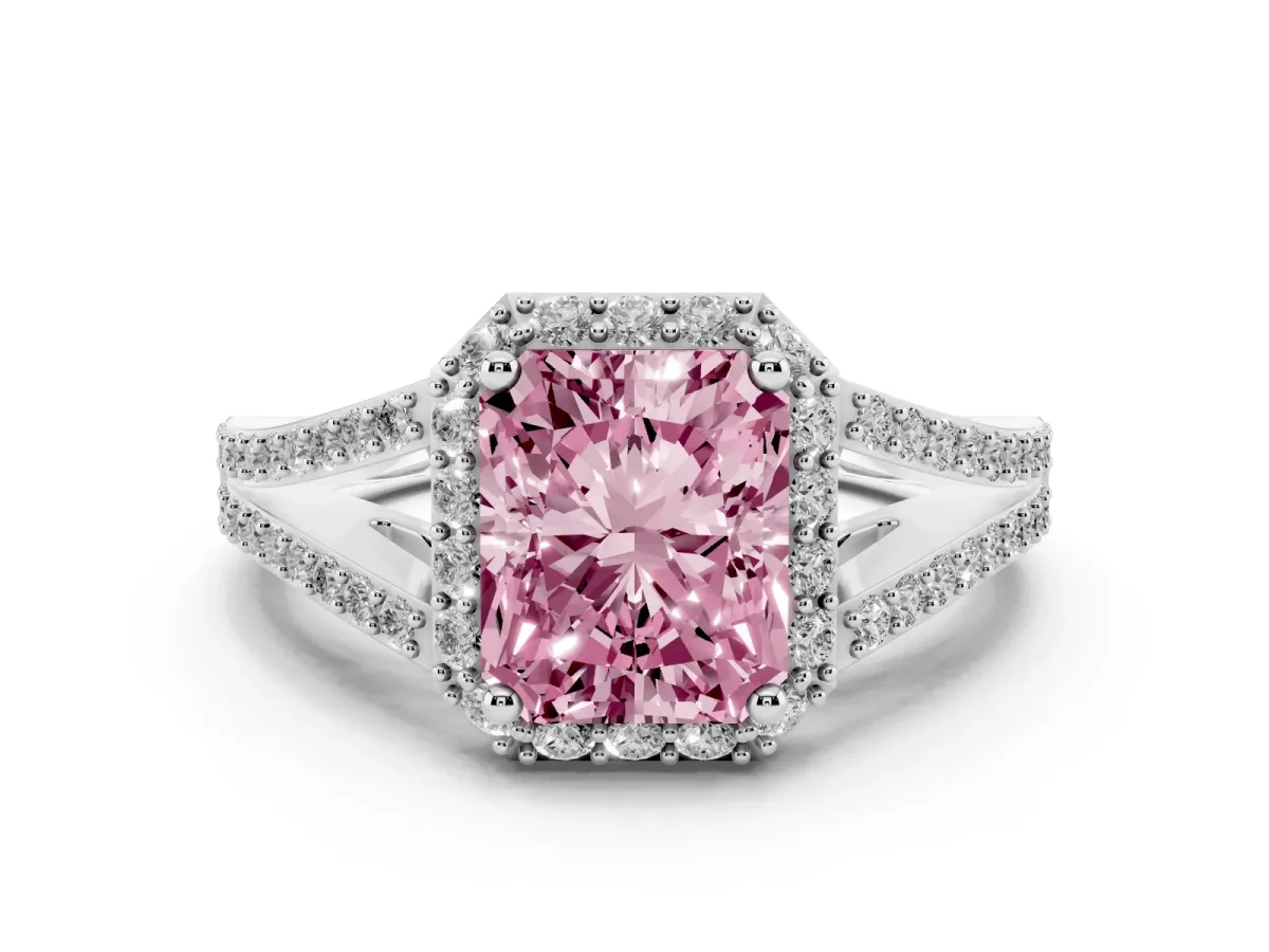 Fancy Pink Radiant Cut Halo Split Shank Diamond Ring with Prong Setting Silver