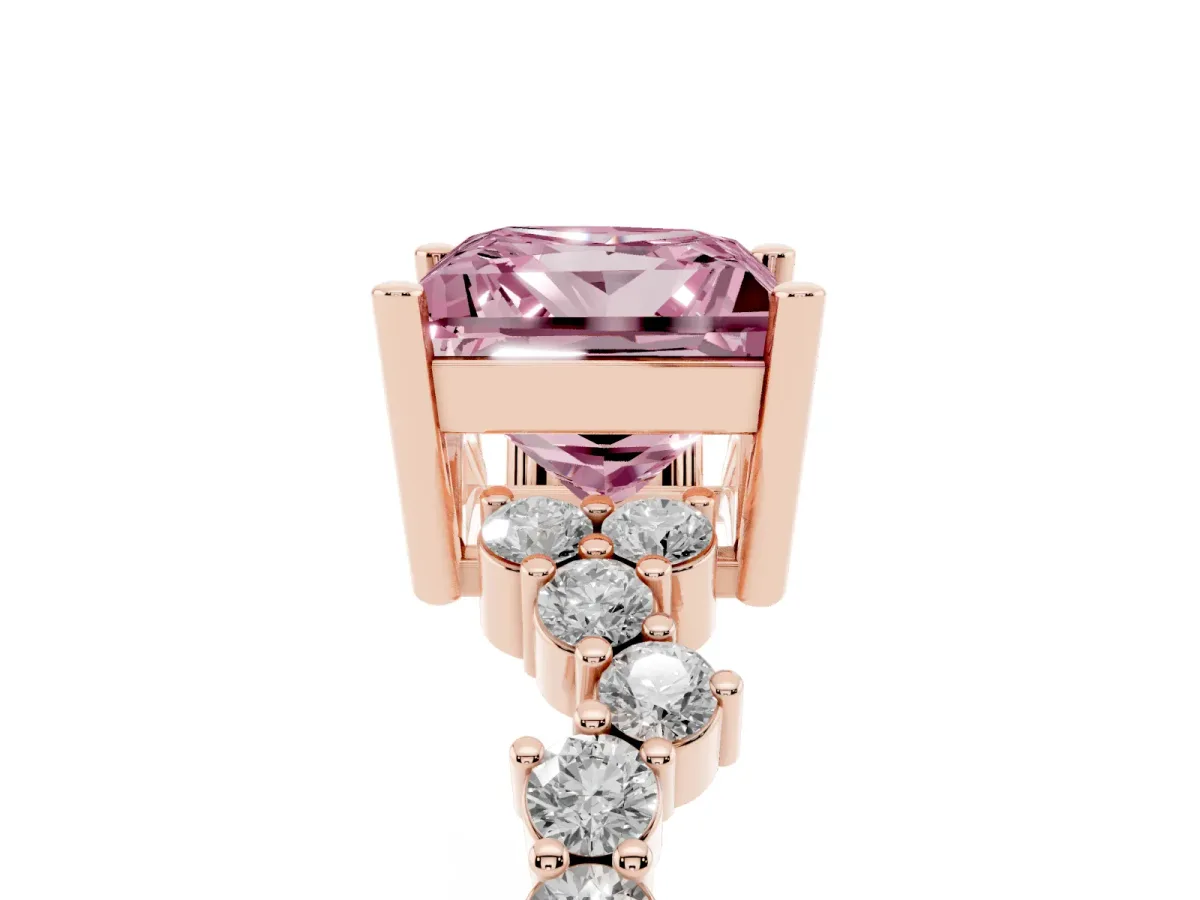 Fancy Pink Princess Cut Diamond Scattered Round Accent Ring with Prong Setting Rose gold