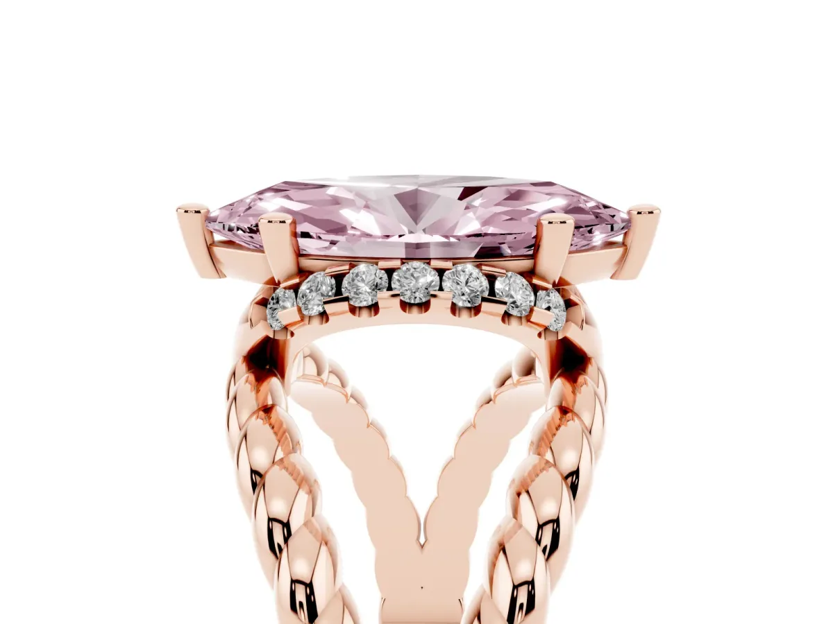 Fancy Pink Marquise Cut Halo Twisted Band Four-Prong Ring Rose gold