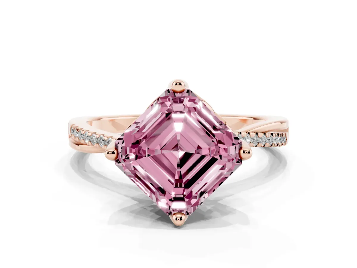 Fancy Pink Asscher Cut Solitaire Twist Band with Pavé Diamonds and Four-Prong Setting Rose gold