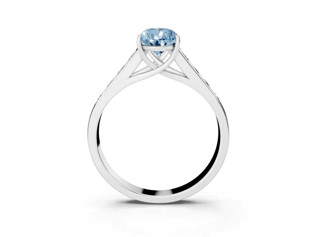 Fancy Blue Pear Cut Solitaire Channel-Set Diamond Engagement Ring with Four-Prong Setting Platinum