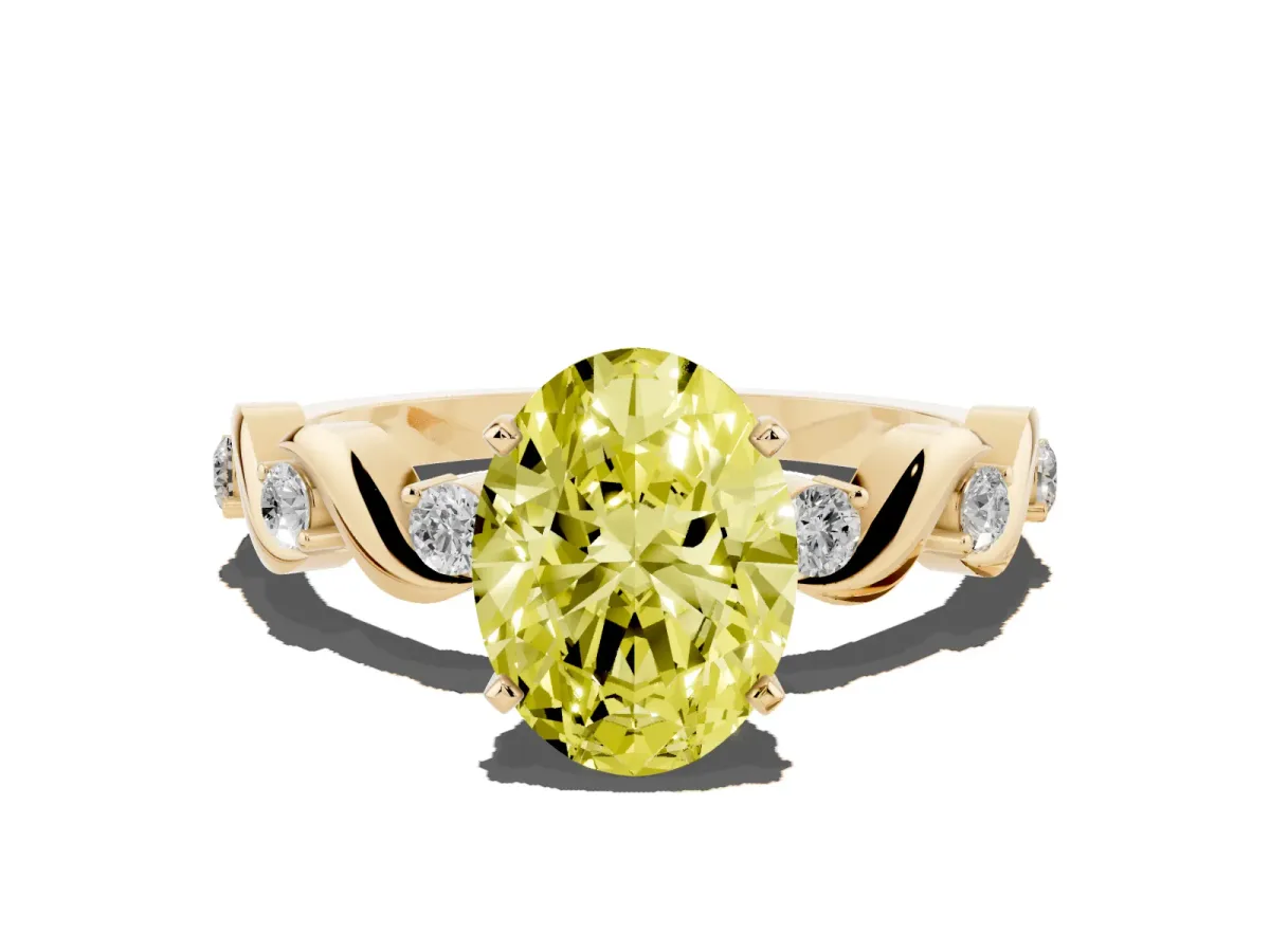 Fancy Yellow Oval Cut Diamond Solitaire Twisted Band with Round Accents and Prong Setting Yellow gold