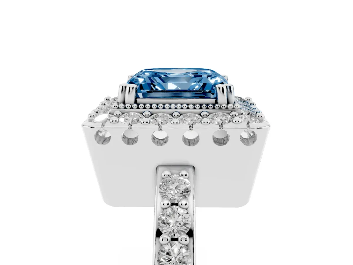 Fancy Blue Asscher Cut Diamond Halo Ring with Pavé Band and Prong Setting Silver