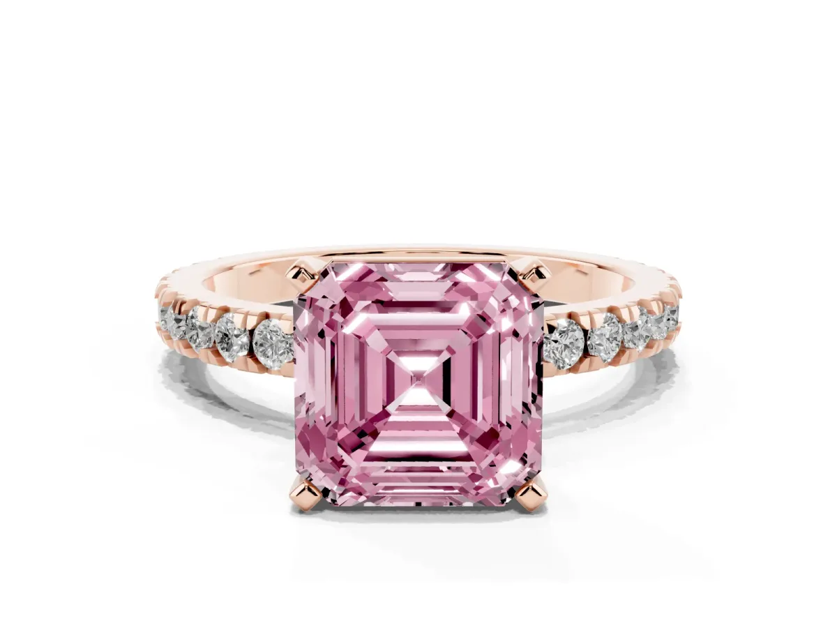 Fancy Pink Asscher Cut Diamond Pavé Band Solitaire with Four-Prong Setting Rose gold