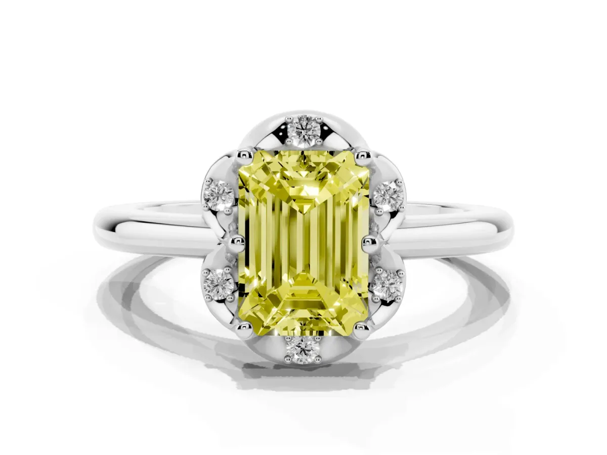 Fancy Yellow Emerald Cut Halo Diamond Ring with Round Cluster Setting, Solitaire Band, and Four-Prong Setting Silver