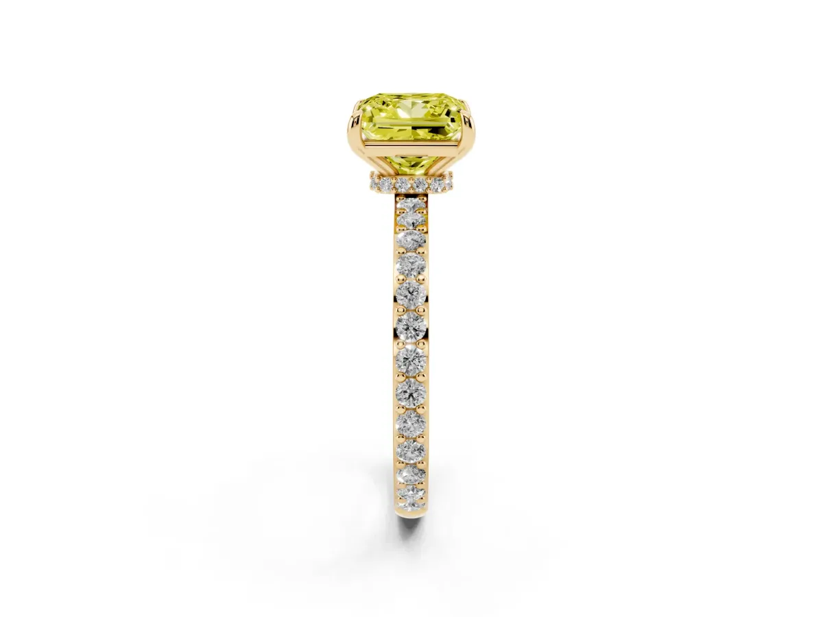 Fancy Yellow Princess Cut Diamond Pavé Engagement Ring with Round Accents and Prong Setting Yellow gold