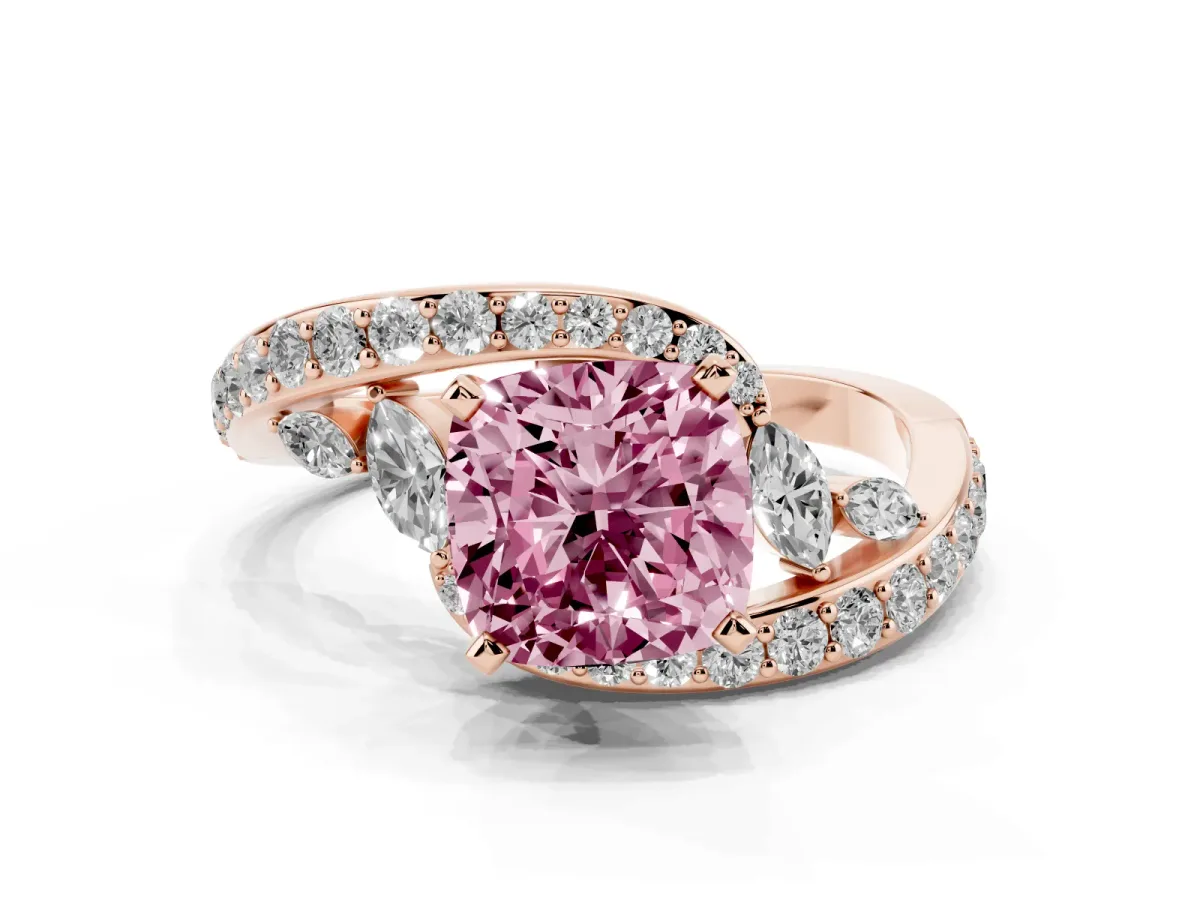 Fancy Pink Cushion Cut Diamond Solitaire Ring with Filigree Band and Four-Prong Setting Rose gold