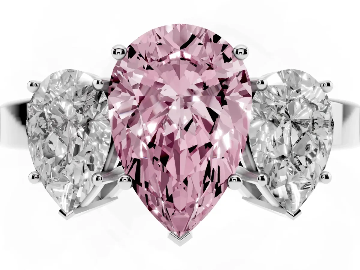 Fancy Pink Three-Stone Pear Cut Cut Diamond Engagement Ring with Flat Band and Four-Prong Setting Silver