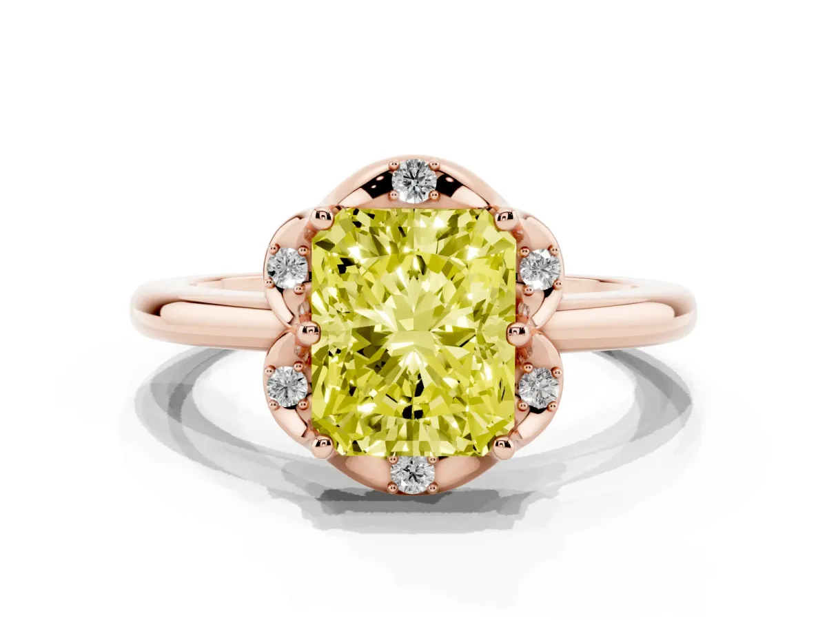 Fancy Yellow Radiant Cut Halo Diamond Ring with Round Cluster Setting, Solitaire Band, and Four-Prong Setting Rose gold