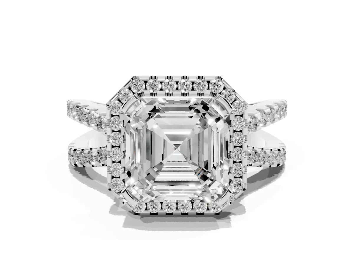 Asscher Cut Diamond Halo Ring with Split Shank Pavé Band and Prong Setting Silver