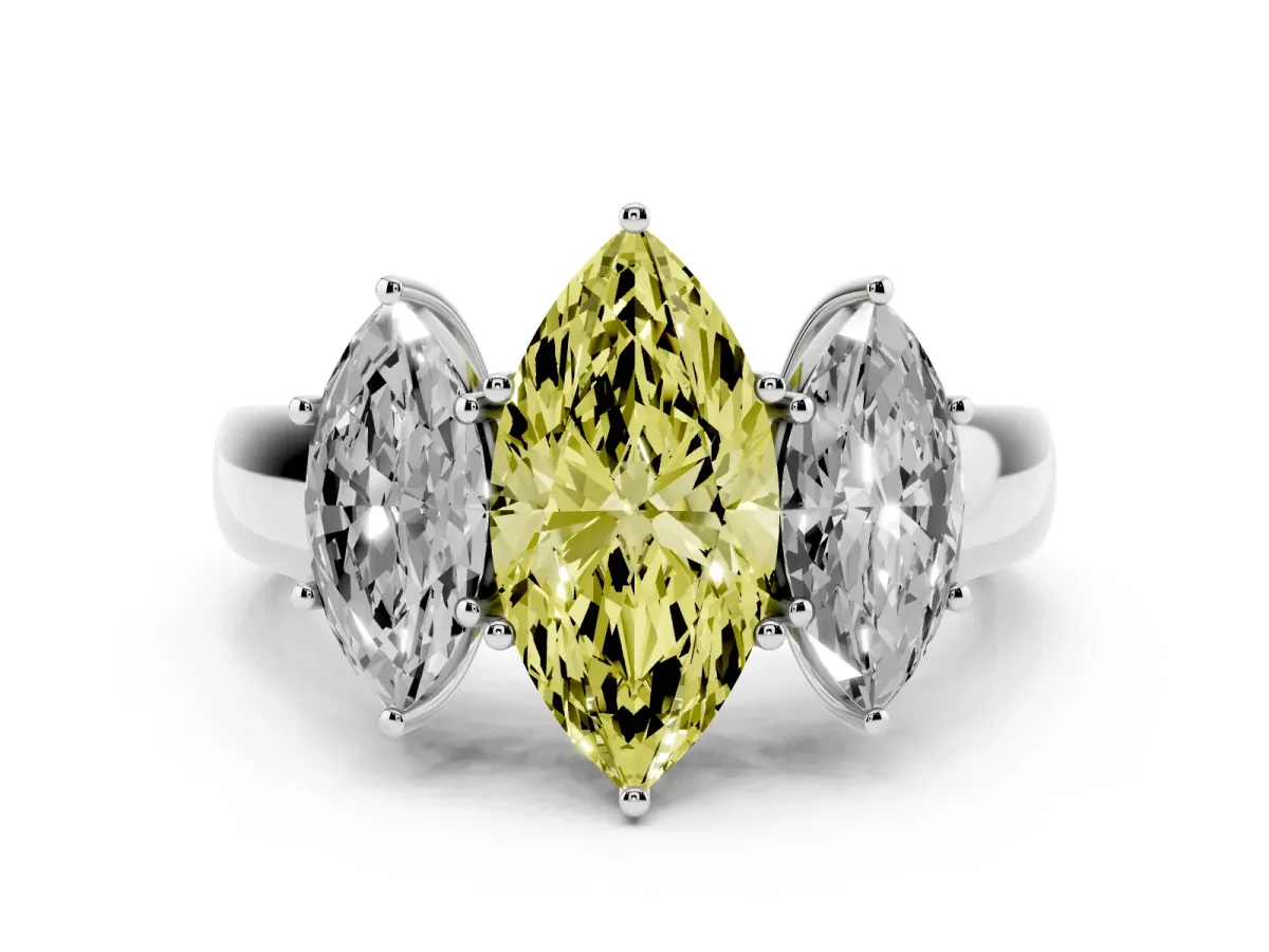 Fancy Yellow Three-Stone Marquise Cut Cut Diamond Ring with Prong Setting and Classic Band Silver
