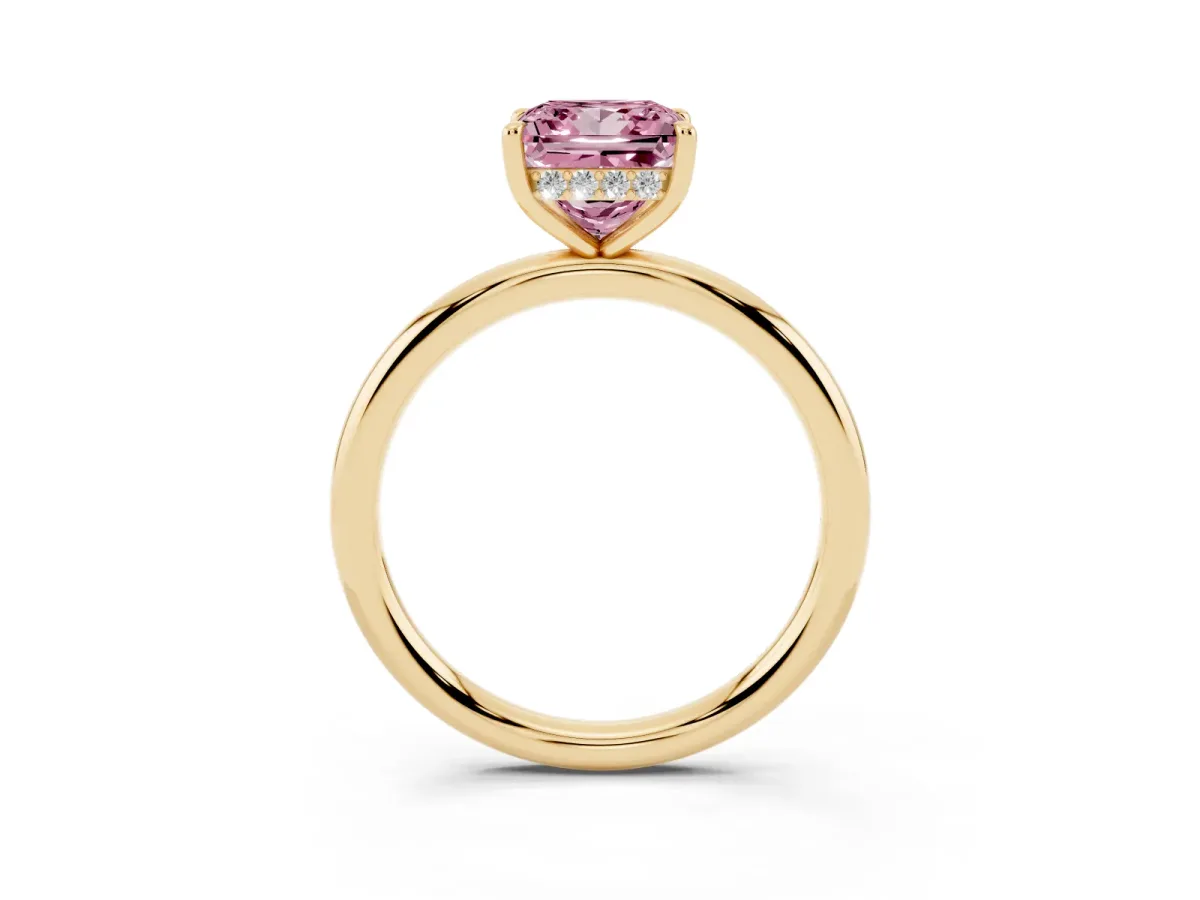Fancy Pink Princess Cut Diamond Solitaire Ring with Thin Band and Four-Prong Setting Yellow gold