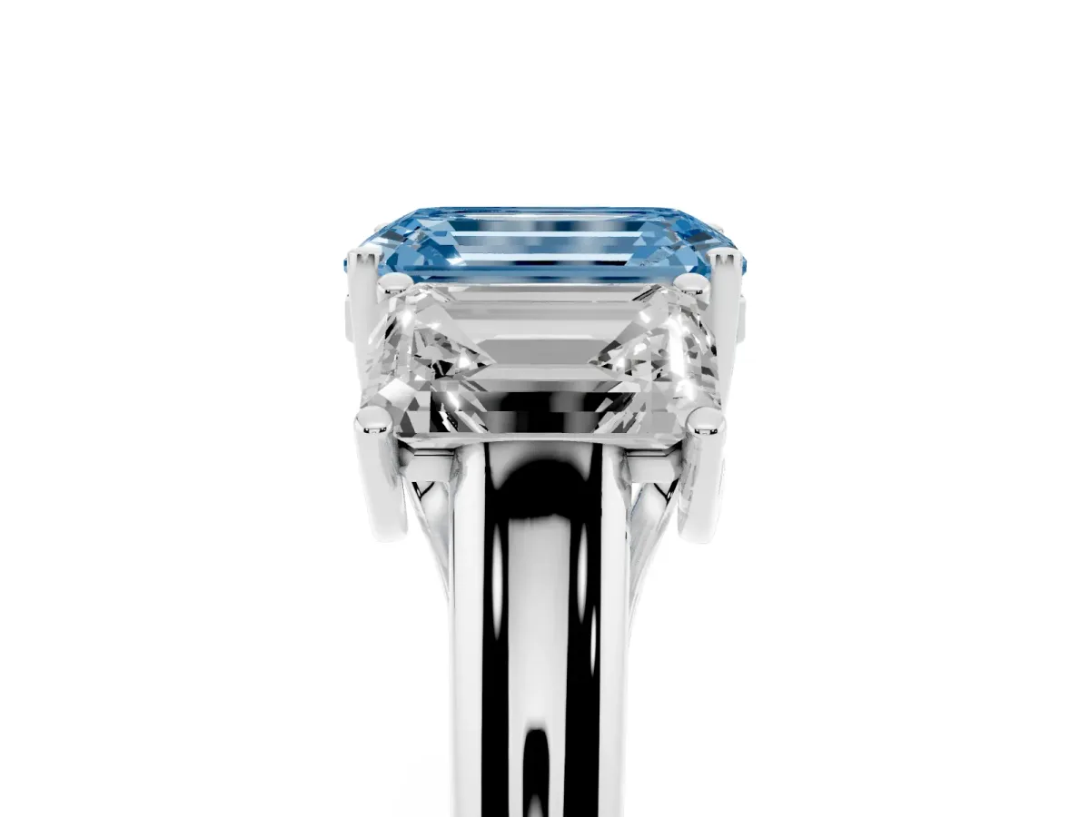 Fancy Blue Three-Stone Emerald Cut Diamond Engagement Ring with Prong Setting Silver