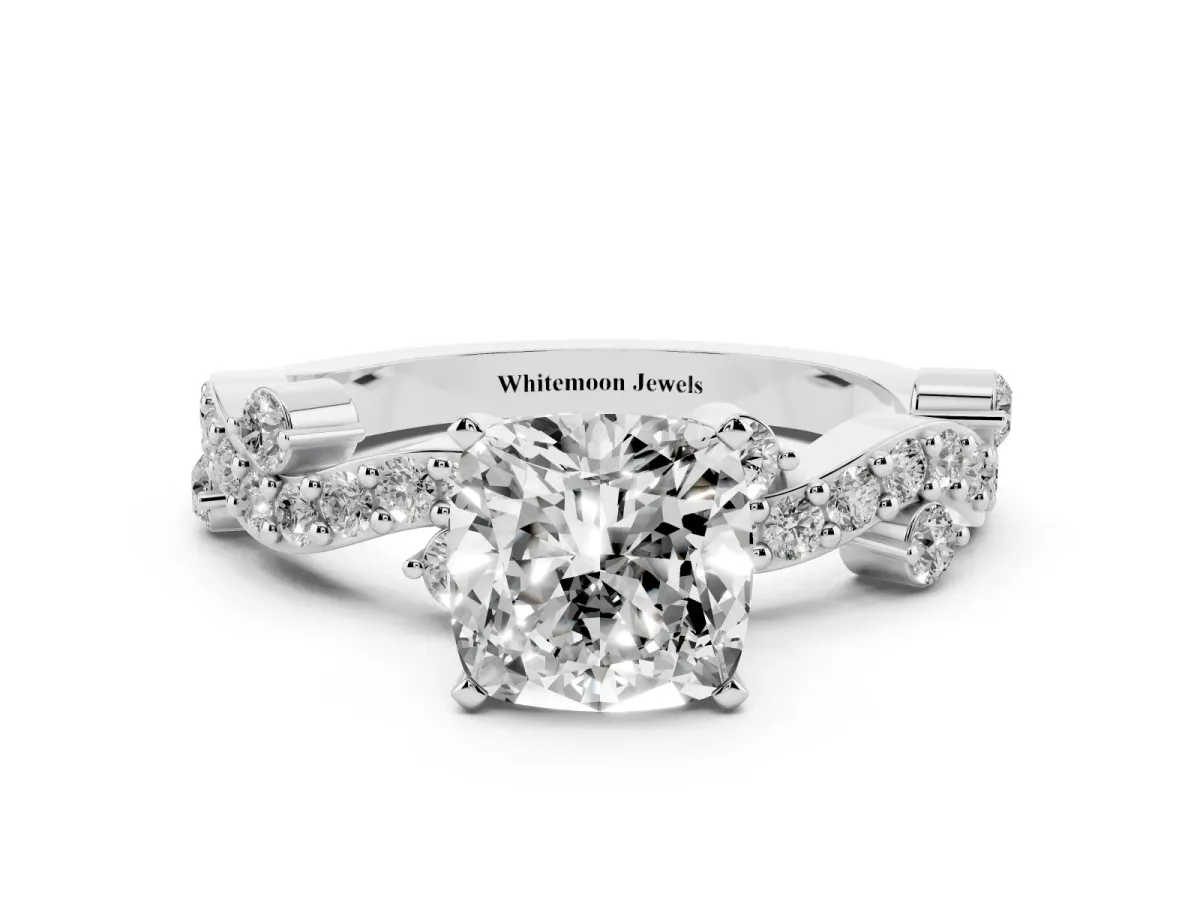 Cushion Cut Cut Solitaire Diamond Twisted Band with Pave Setting Platinum