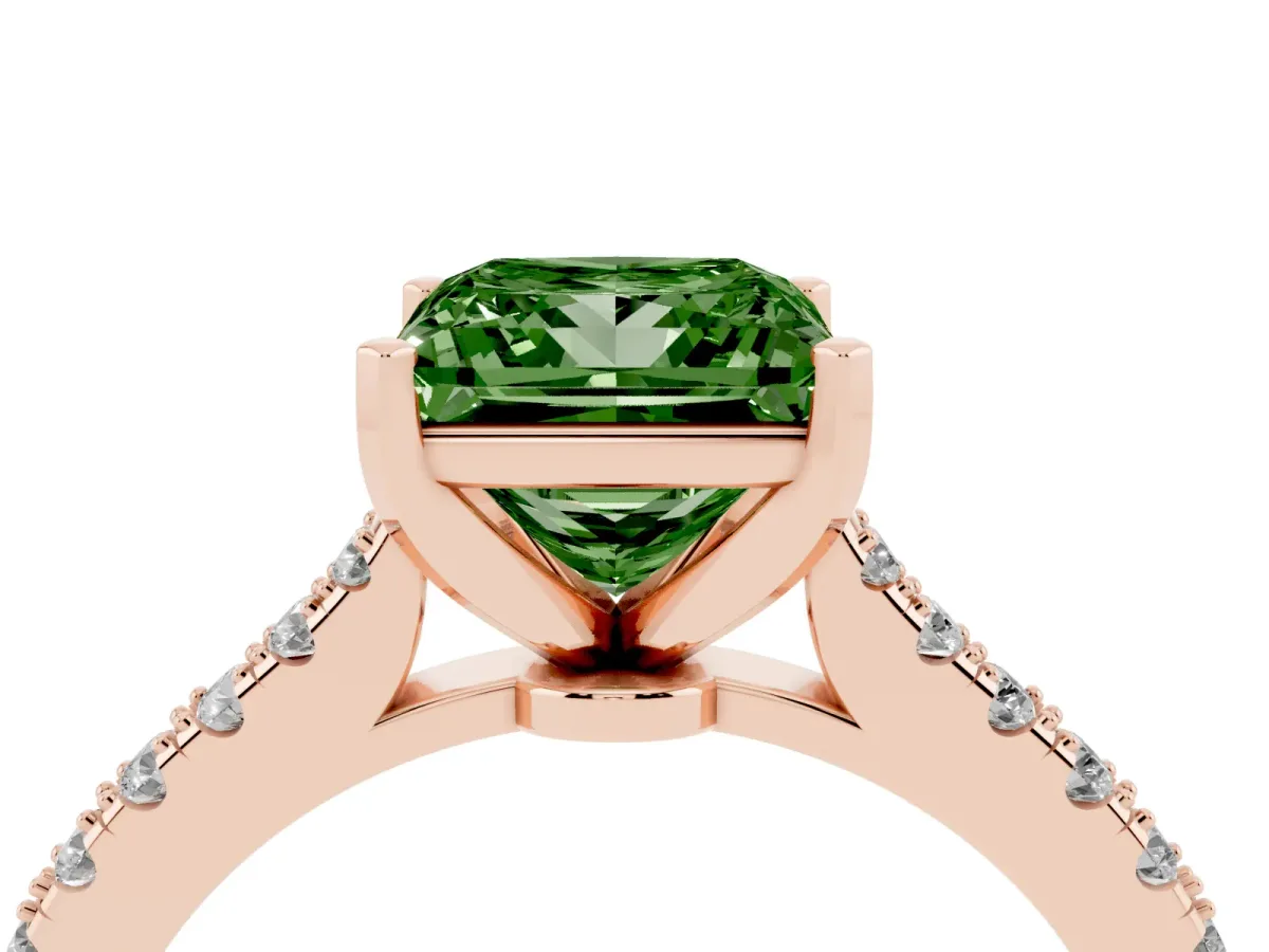 Fancy Green Princess Cut Cut Solitaire Diamond Engagement Ring with Pave Band and Four-Prong Setting Rose gold