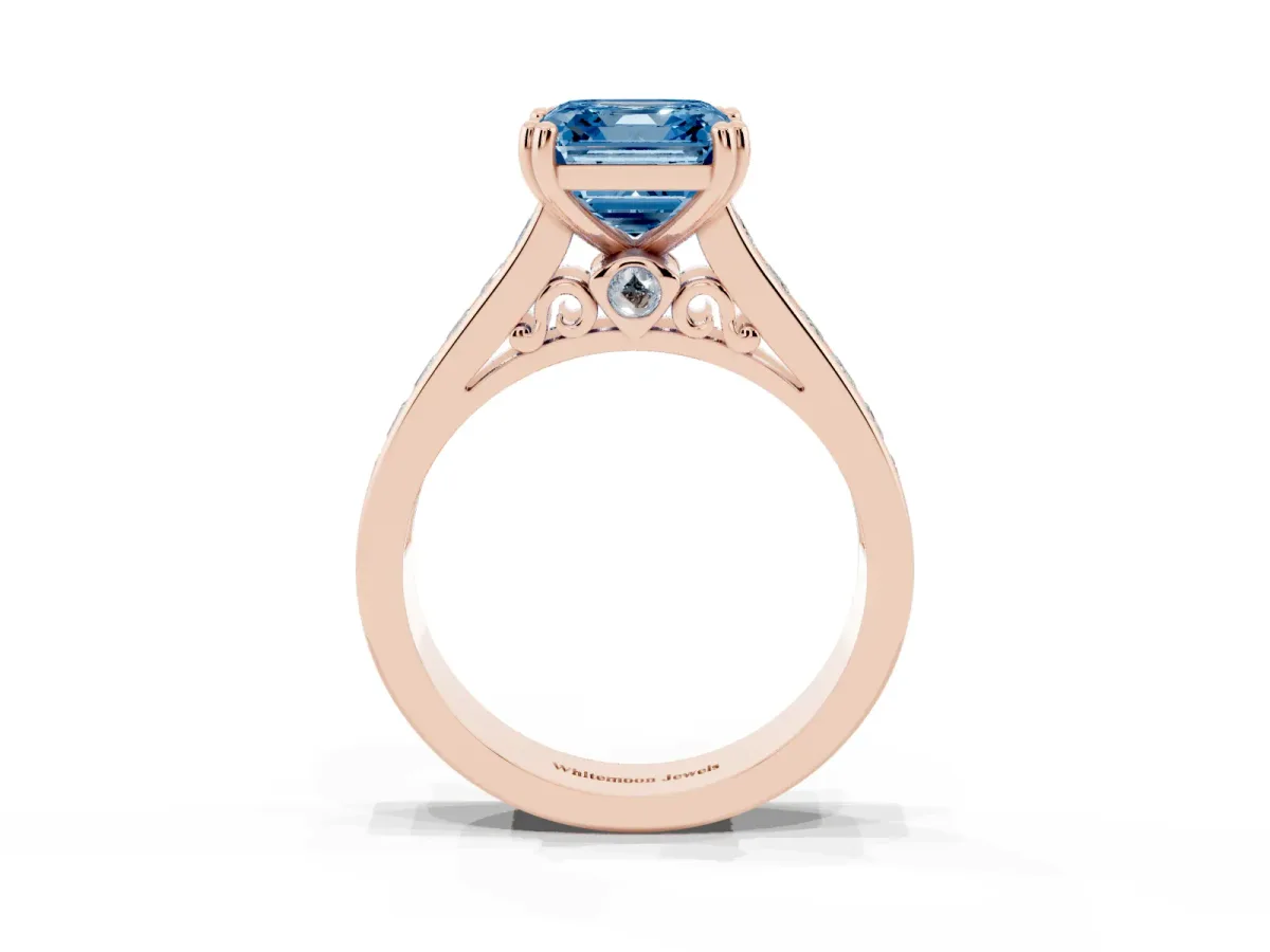 Fancy Blue Asscher Cut Cut Channel Set Solitaire Engagement Ring with Prong Setting Rose gold