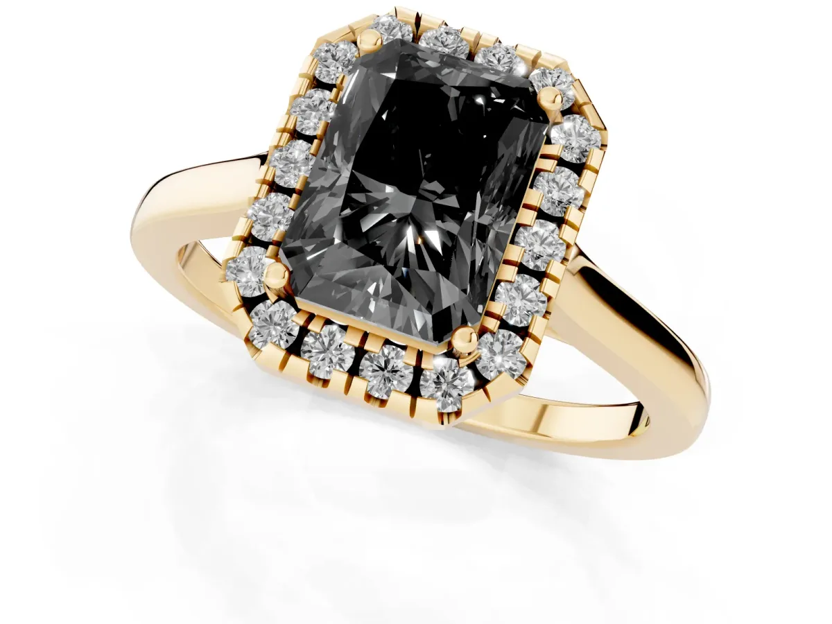 Fancy Black Radiant Cut Halo Round Diamond Solitaire Ring with Pavé Band and Four-Prong Setting Yellow gold