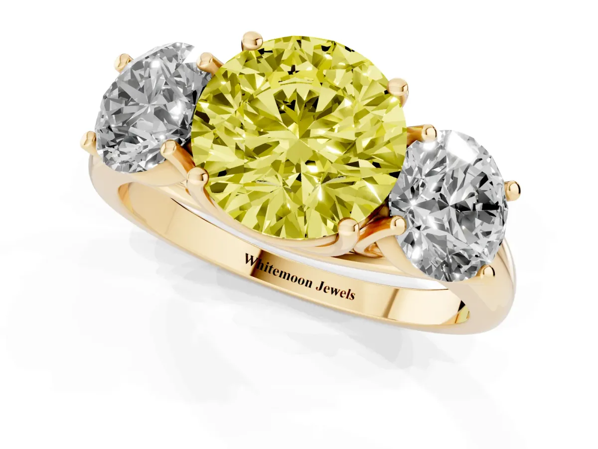 Fancy Yellow Three-Stone Round Cut Diamond Engagement Ring with Prong Setting Yellow gold