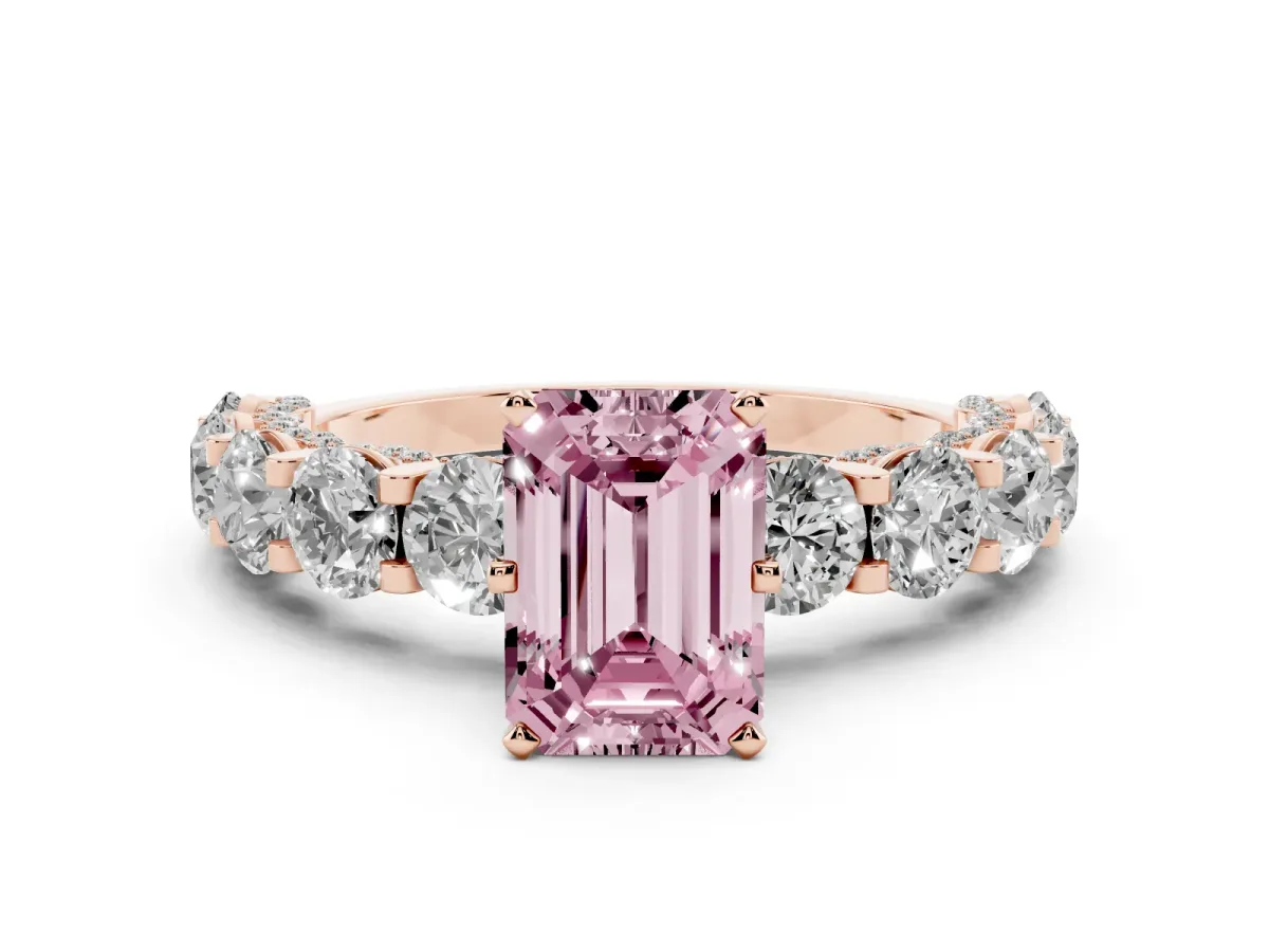 Fancy Pink Emerald Cut Diamond Side Stone Engagement Ring with Four-Prong Setting Rose gold