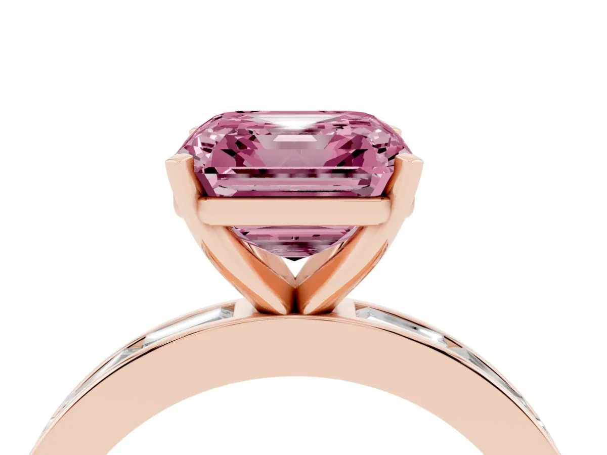 Fancy Pink Asscher Cut Solitaire Diamond Ring with Channel-Set Baguette Band and Four-Prong Setting Rose gold