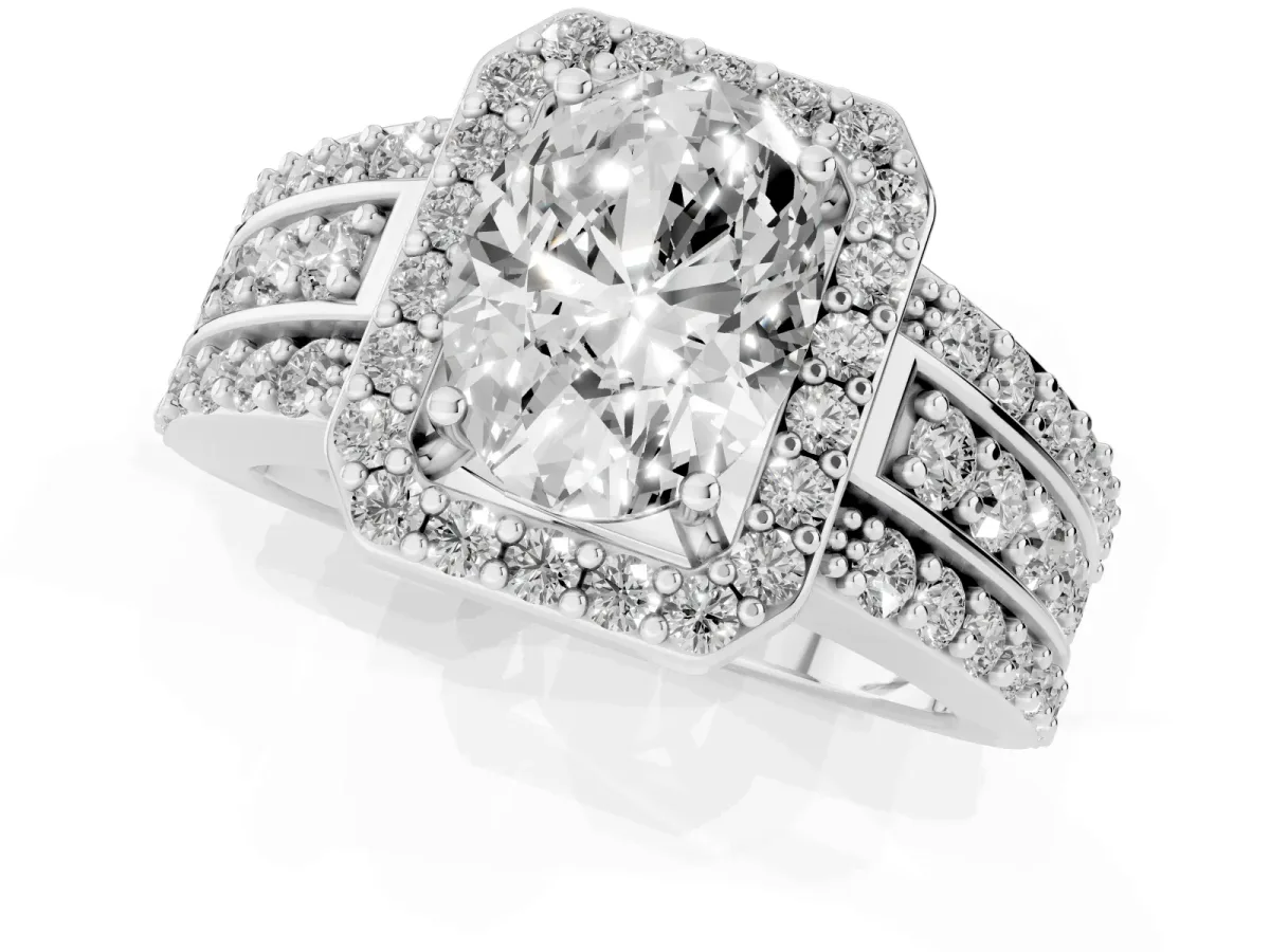 Oval Cut Halo Diamond Ring with Round Split Shank and Prong Setting Platinum