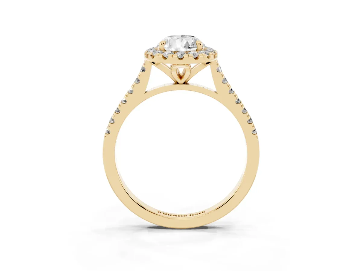Pear Cut Diamond Cushion Halo Ring with Pavé Band Yellow gold