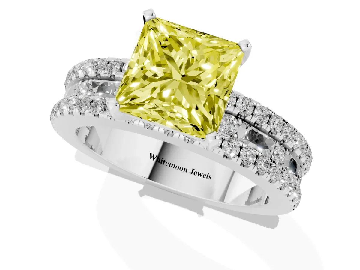 Fancy Yellow Princess Cut Diamond Solitaire Ring with Pavé and Channel Set Band Silver
