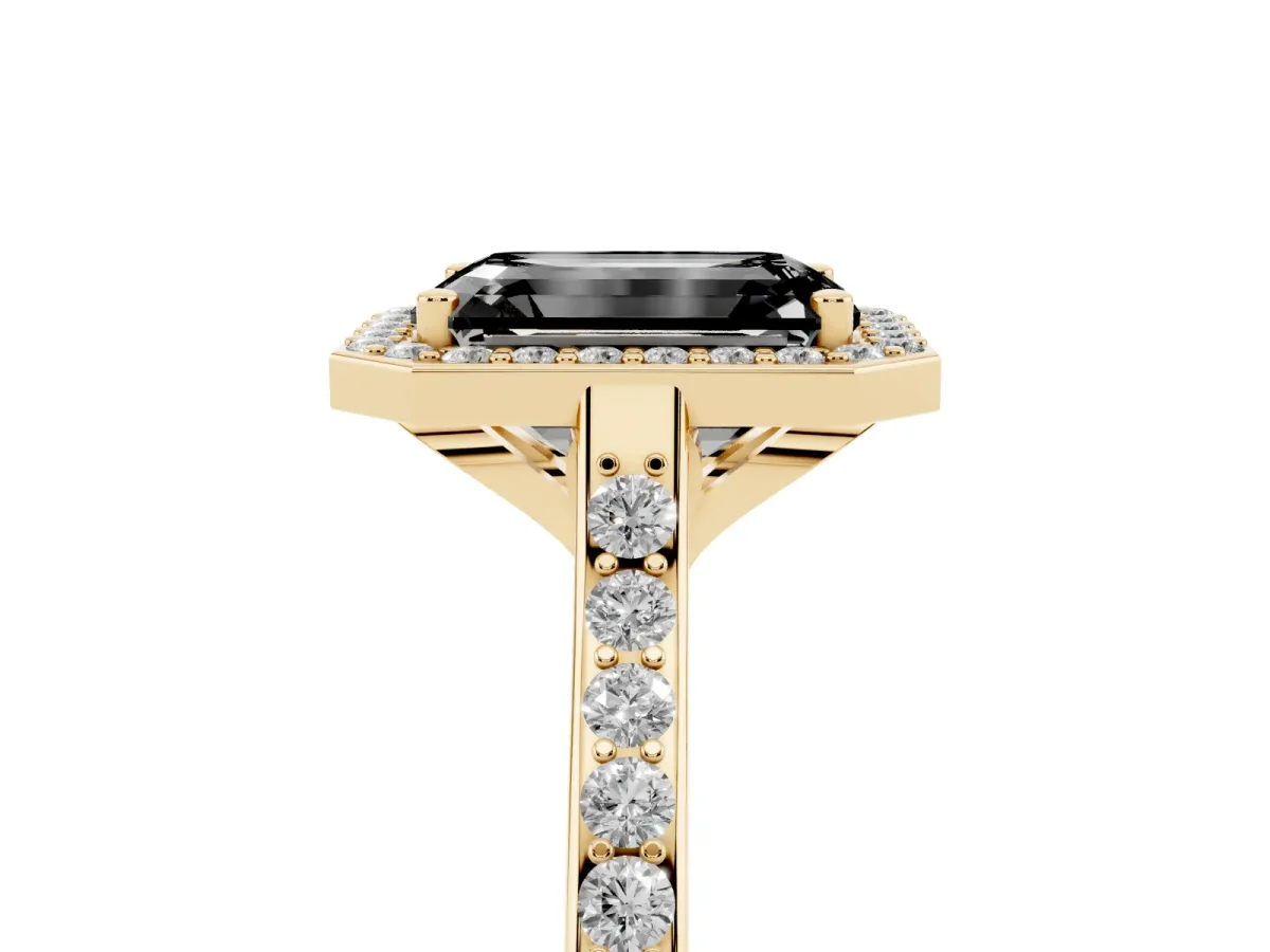 Fancy Black Emerald Cut Diamond Halo Engagement Ring with Round Pavé Shoulders and Prong Setting Yellow gold