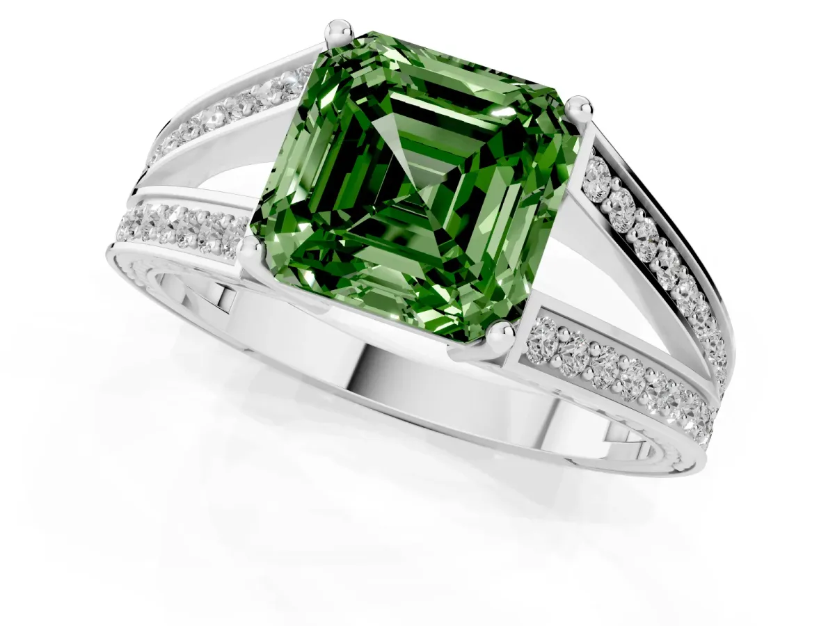 Fancy Green Asscher Cut Diamond Split Shank Ring with Pavé Band and Four-Prong Setting Silver