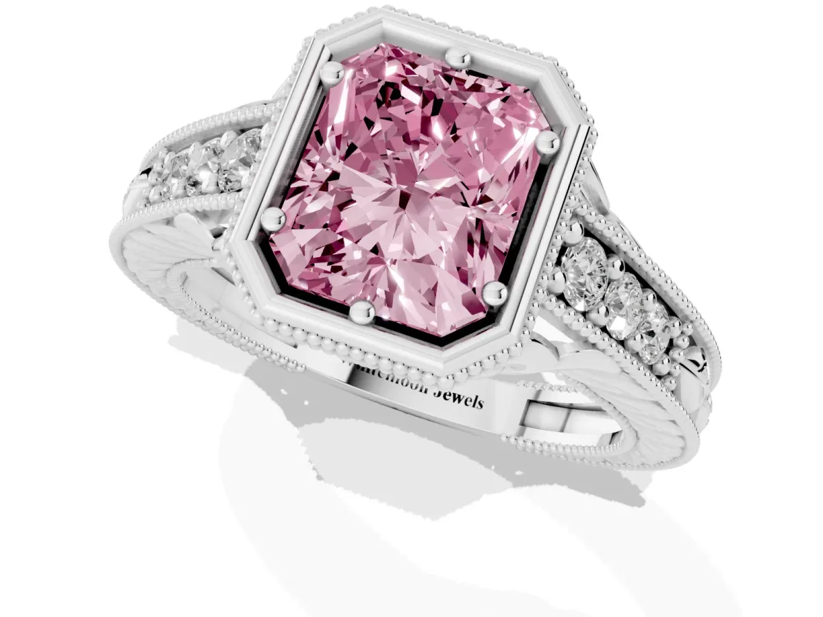 Fancy Pink Bezel Set Radiant Cut Diamond Milgrain Pave Engagement Ring Silver