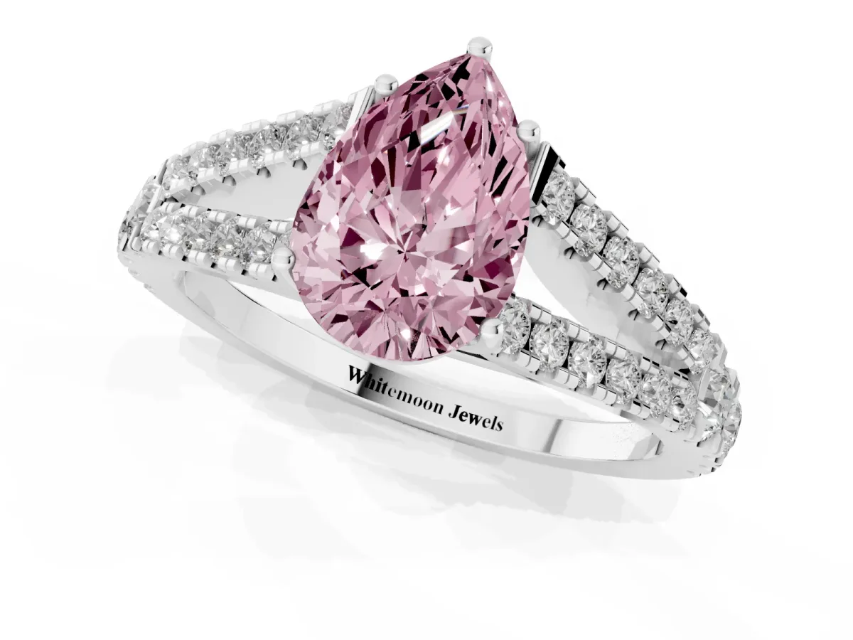 Fancy Pink Pear Cut Diamond Split Shank Engagement Ring with Round Pavé and Prong Setting Platinum