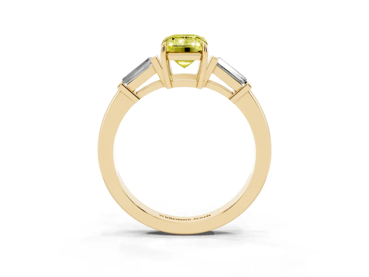 Fancy Yellow Emerald Cut Diamond Three-Stone Ring with Tapered Baguette Side Stones and Prong Setting Yellow gold