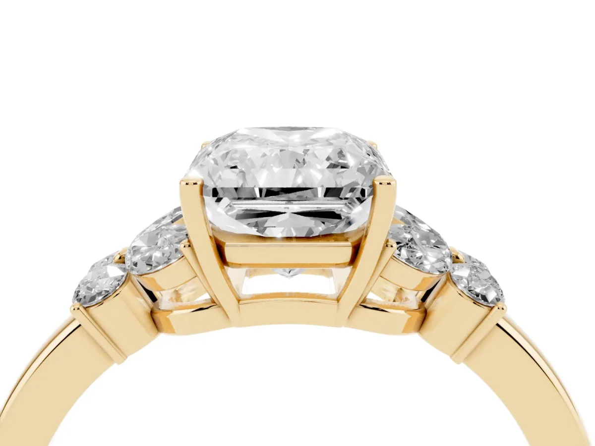 Radiant Cut Cut Solitaire Floral Diamond Ring with Four-Prong Setting Yellow gold