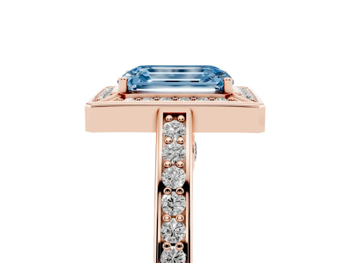 Fancy Blue Emerald Cut Cut Halo Pave Split Shank Prong Setting Ring Rose gold