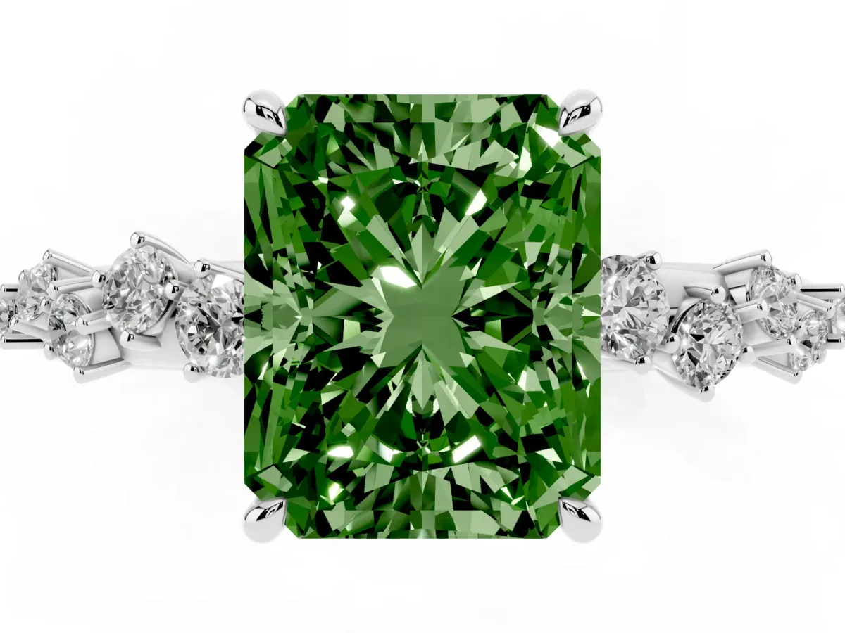 Fancy Green Radiant Cut Diamond Cluster Side Stone Solitaire Ring with Prong Setting Platinum