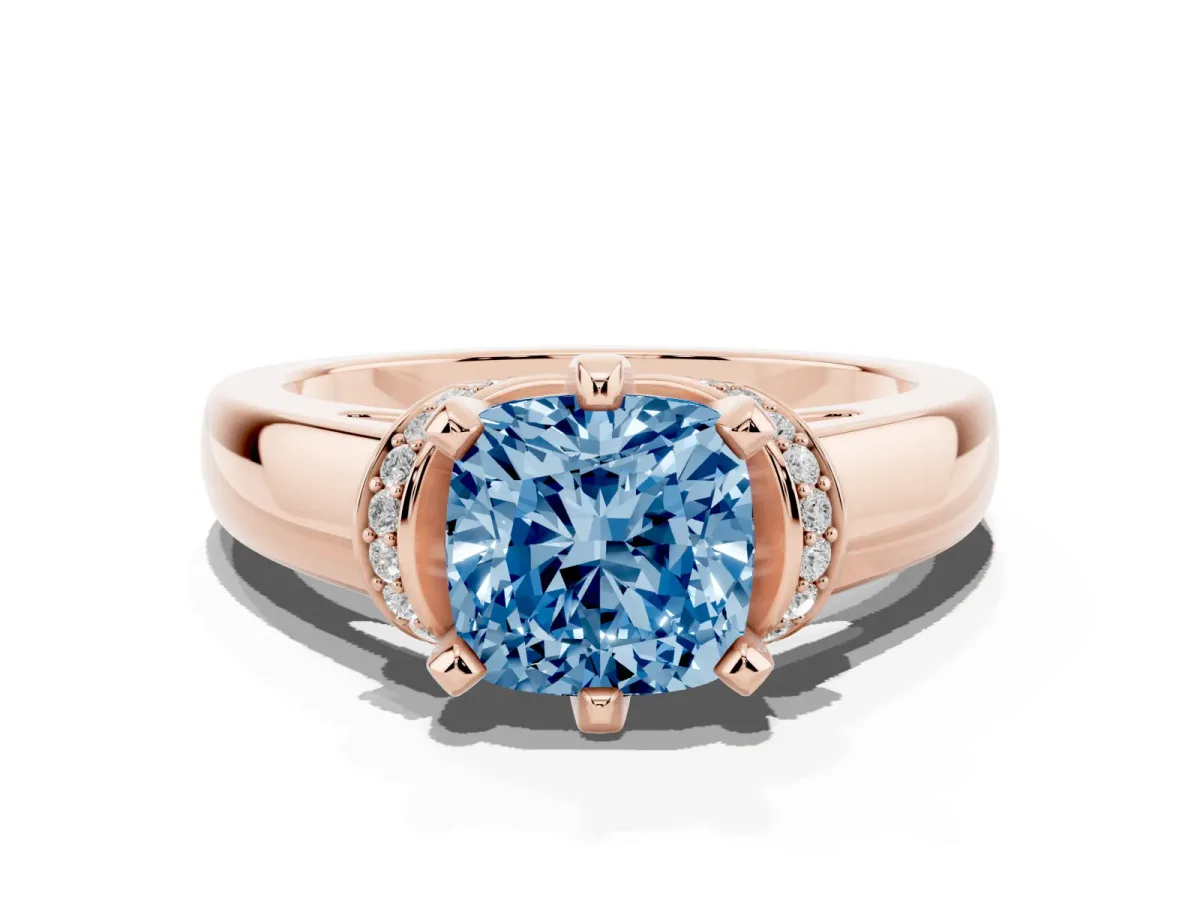 Fancy Blue Cushion Cut Solitaire Diamond Ring with Pave Band and Six-Prong Setting Rose gold