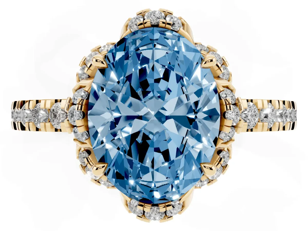 Fancy Blue Oval Cut Halo Diamond Pave Band Ring with Four-Prong Setting Yellow gold