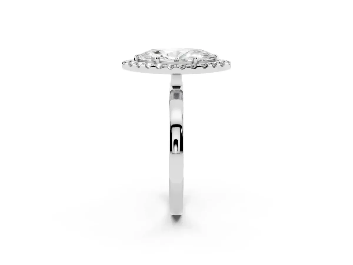 Marquise Cut Halo Diamond Solitaire with Pavé Band and Four-Prong Setting White gold