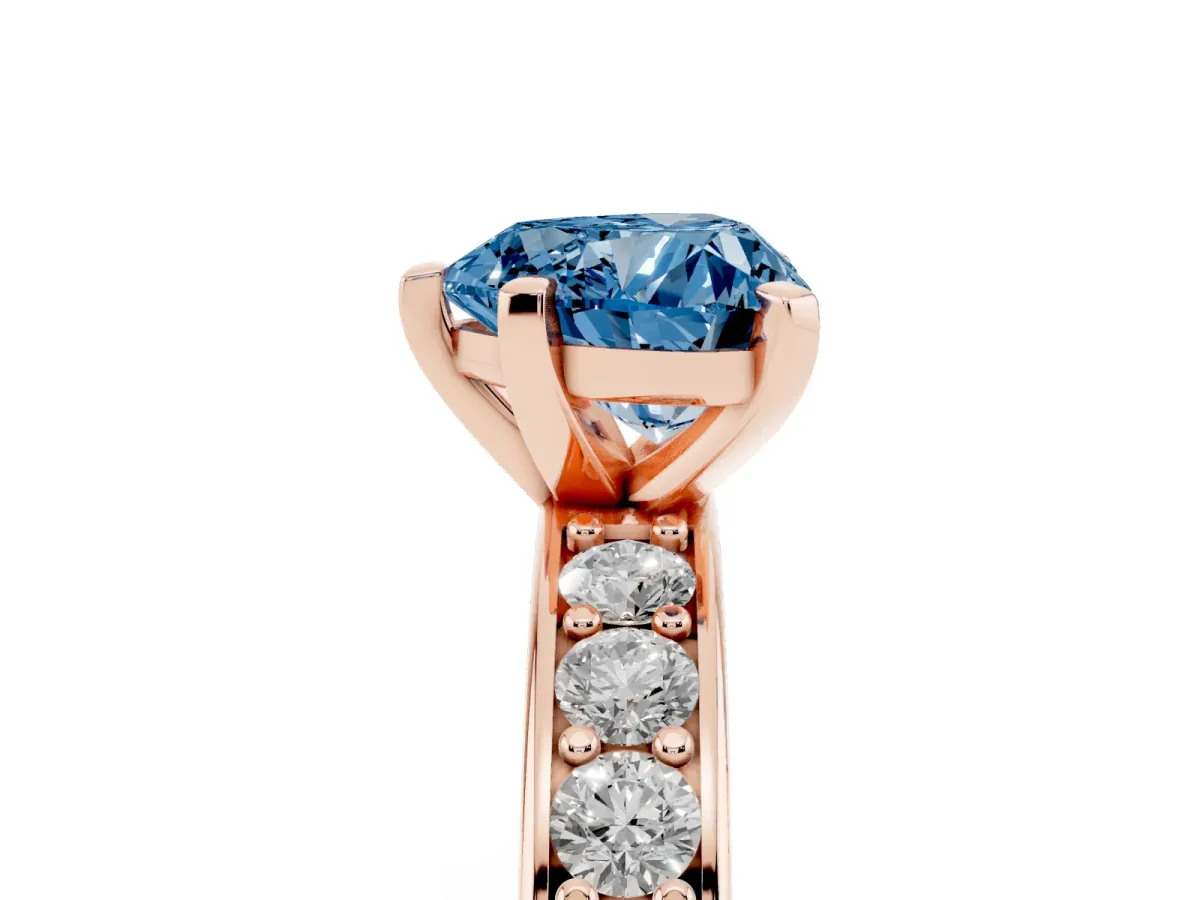 Fancy Blue Heart Cut Diamond Engagement Ring with Channel Set Round Band and Prong Setting Rose gold