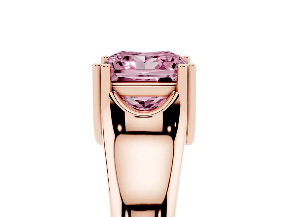 Fancy Pink Princess Cut Diamond Solitaire Ring with Wide Band and Prong Setting Rose gold