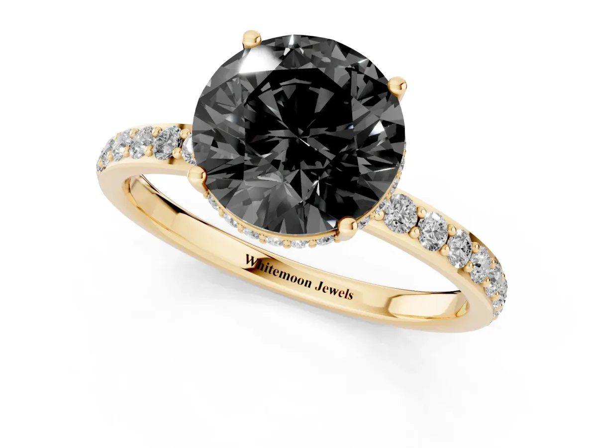 Fancy Black Round Cut Diamond Solitaire Ring with Pavé Band and Hidden Halo Yellow gold
