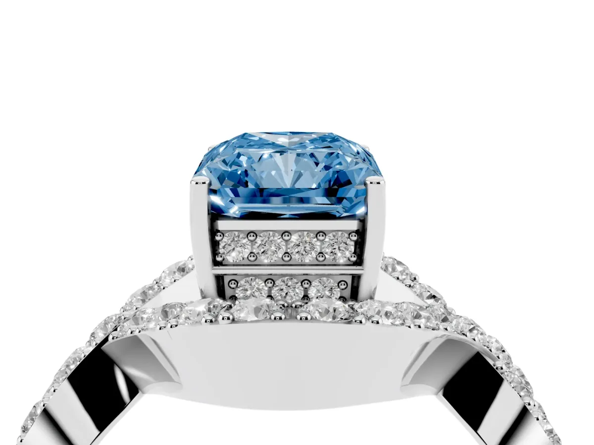 Fancy Blue Radiant Cut Solitaire Twist Band Pavé Diamond Engagement Ring Platinum