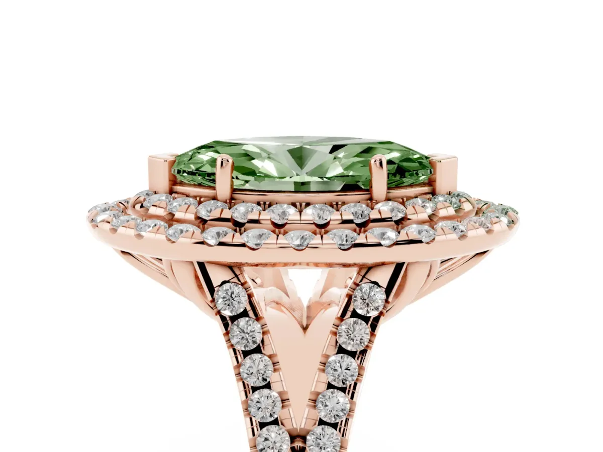 Fancy Green Double Halo Marquise Cut Diamond Pavé Split Shank Ring with Prong Setting Rose gold