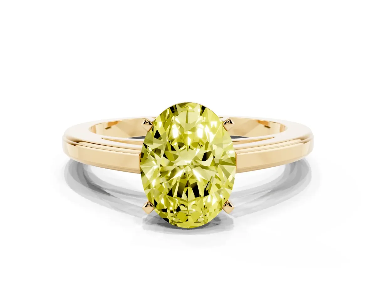 Fancy Yellow Oval Cut Solitaire Diamond Ring with Four-Prong Setting and Classic Band Yellow gold