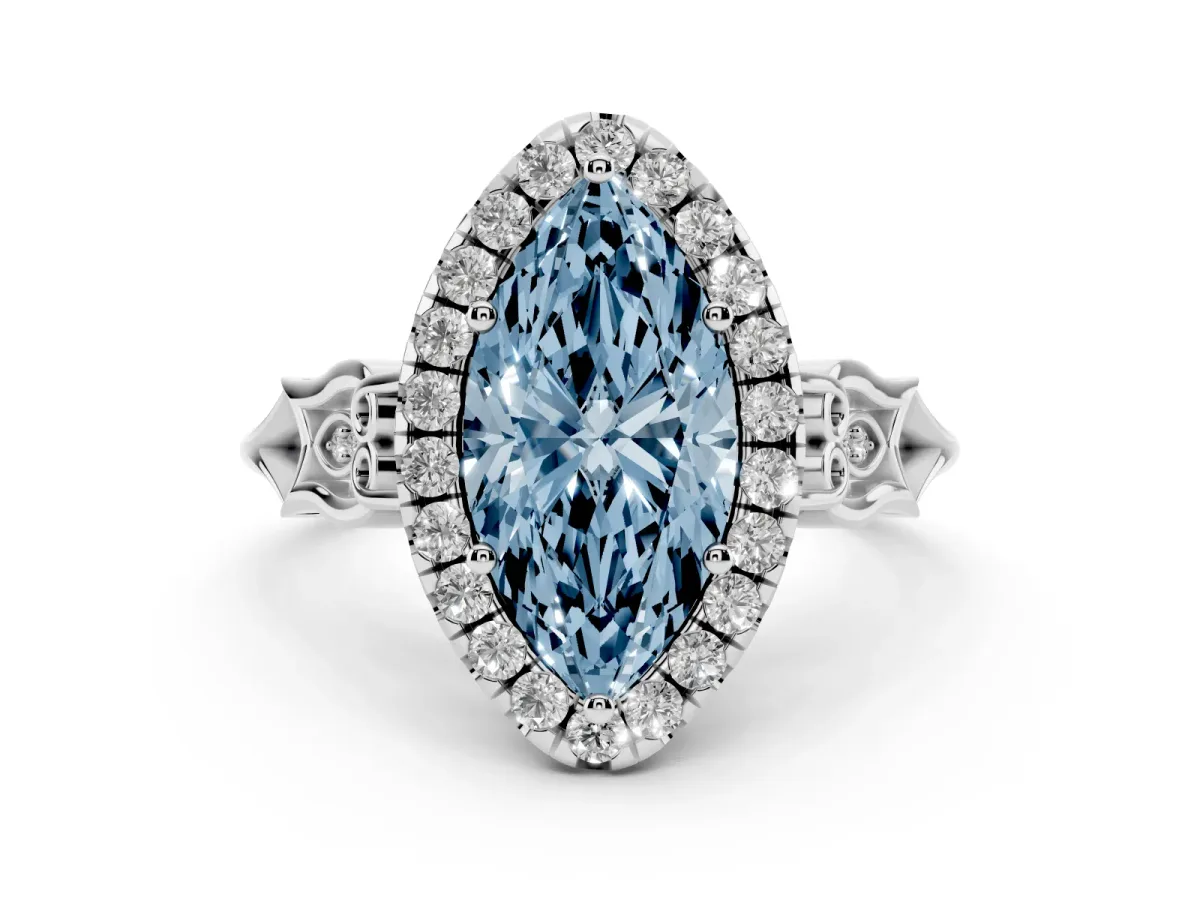 Fancy Blue Marquise Cut Halo Diamond Engagement Ring with Filigree Band and Four-Prong Setting Platinum