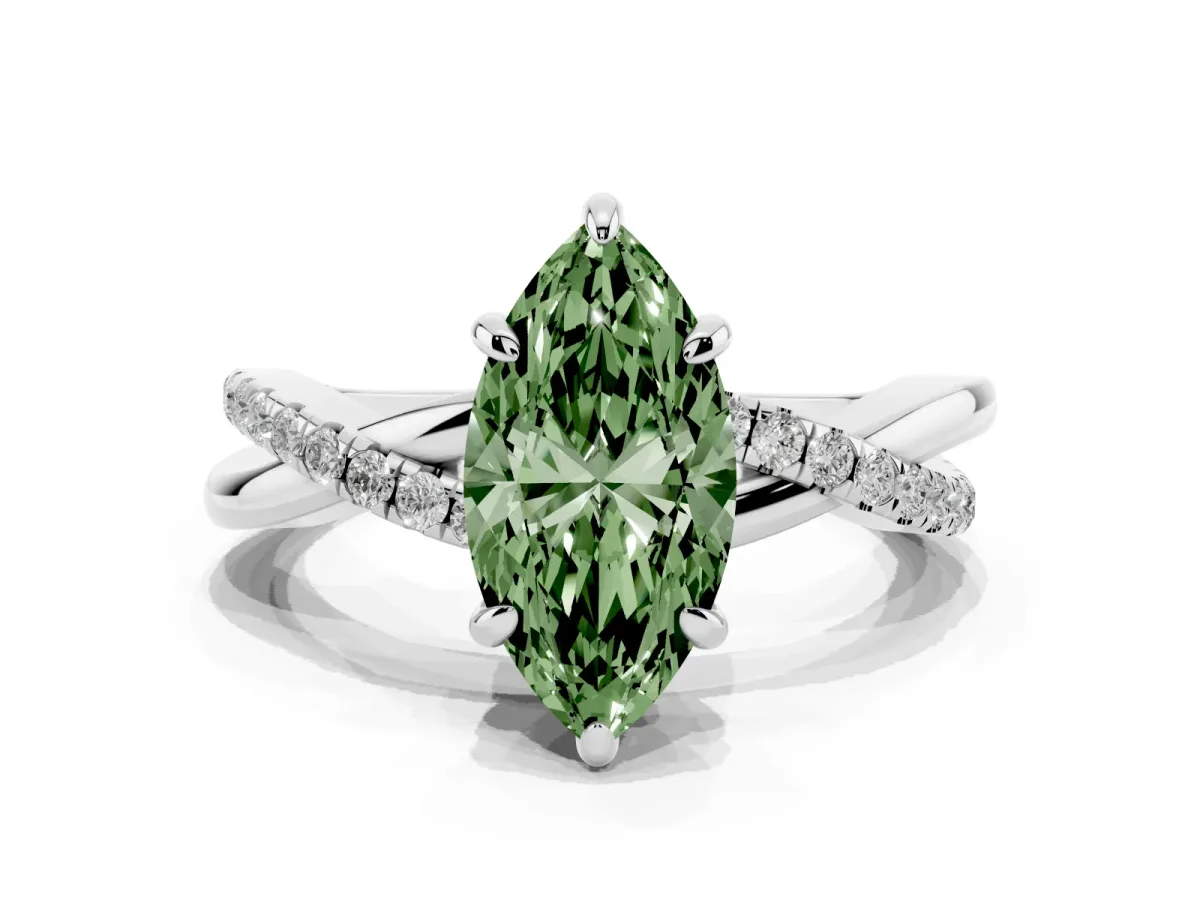 Fancy Green Marquise Cut Cut Diamond Twist Band Solitaire with Prong Setting Silver