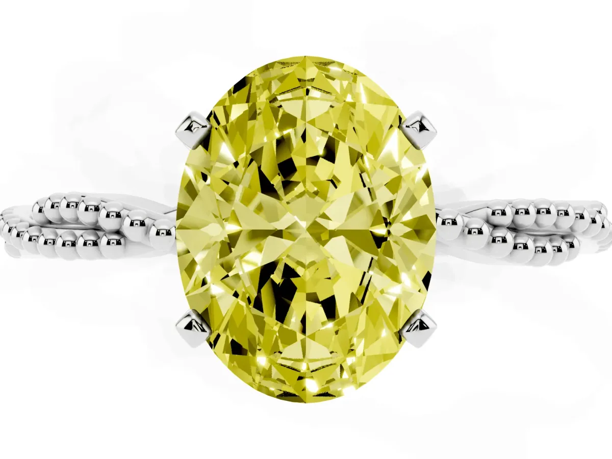 Fancy Yellow Oval Cut Solitaire Twisted Band with Bead Prong Setting Platinum