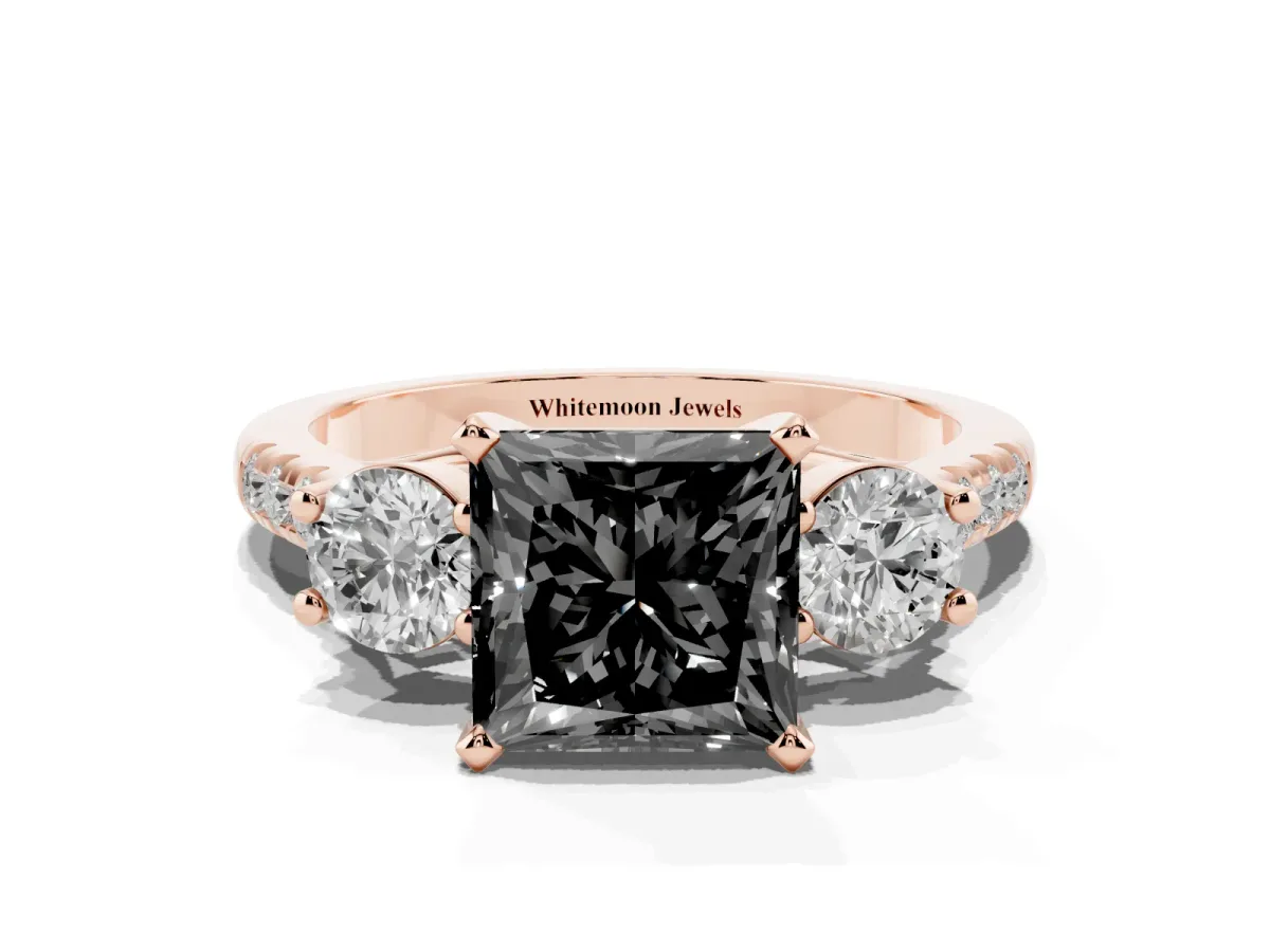 Fancy Black Three-Stone Princess Cut Diamond Pavé Band with Four-Prong Setting Rose gold