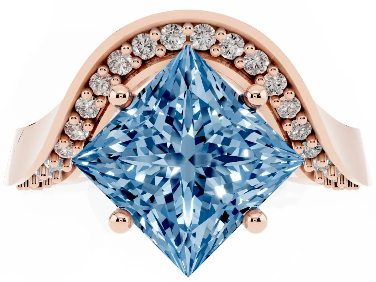 Fancy Blue Princess Cut Solitaire Diamond Engagement Ring with Pave Band and Four-Prong Setting Rose gold
