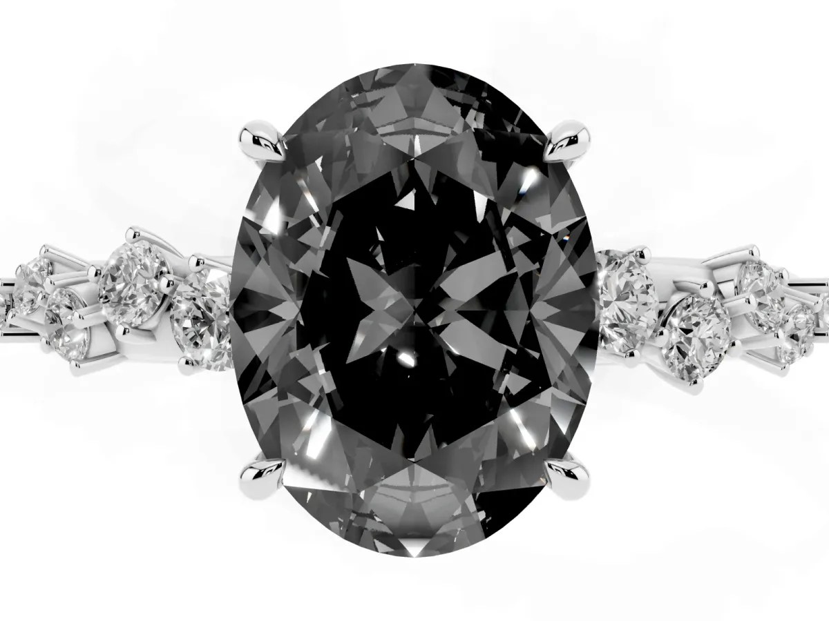 Fancy Black Oval Cut Diamond Cluster Side Stone Solitaire Ring with Prong Setting Platinum